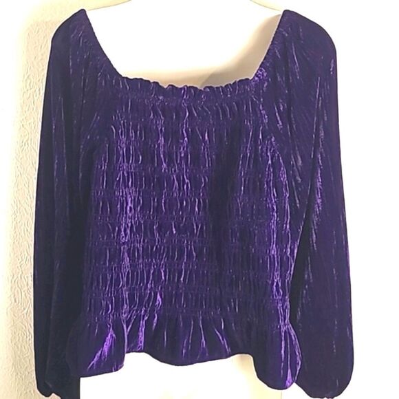 Maurices Purple Velvet Smocked Crop-top, Long Blouson Sleeves, Size Large - Picture 6 of 8